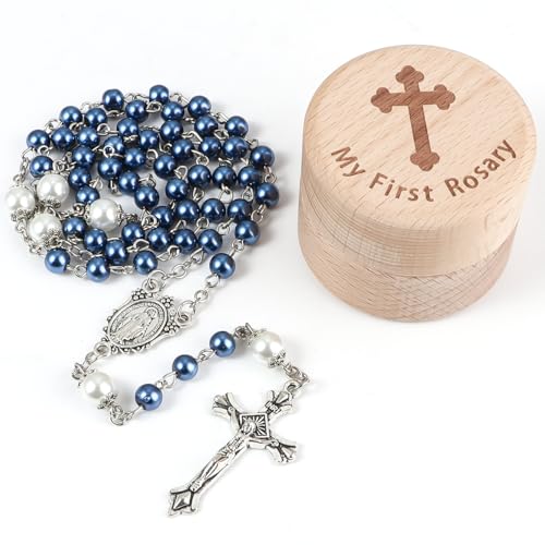 My First Rosary Baptism Gift Set with Wooden Keepsake Box - Blue