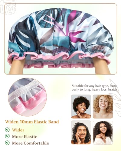 mikimini Adjustable Shower Cap for Women, Waterproof Tropical Print, 2 Pack
