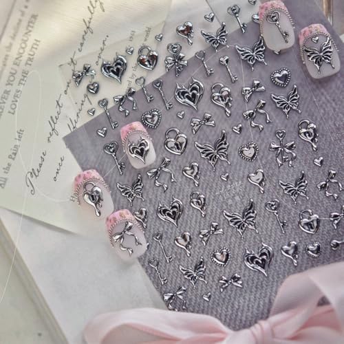 Rdntbeu 5D Embossed Nail Art Stickers Style-28 Self-Adhesive Hearts & Butterflies Goth Design