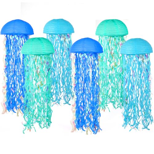 Set of 6 Blue Jellyfish Paper Lanterns - Ocean Theme Decor