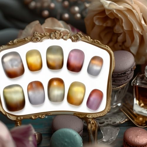 Velvet Macchiato Short Squoval Press-On Nails - Reusable Chrome Ombre Manicure, 10 pcs
