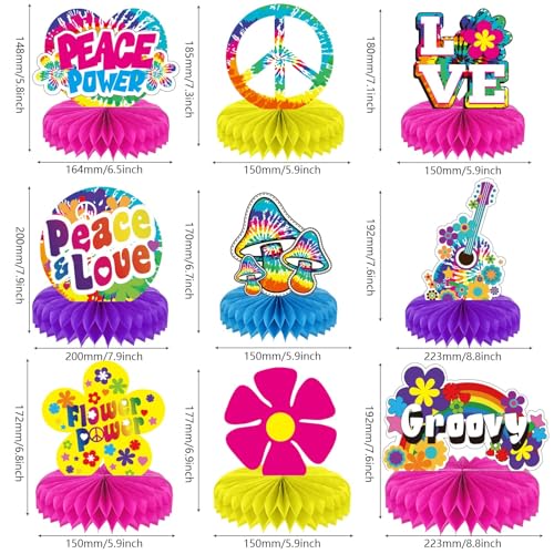 60's Hippie Party Honeycomb Centerpieces - 9 Pieces Tie Dye Table Decor