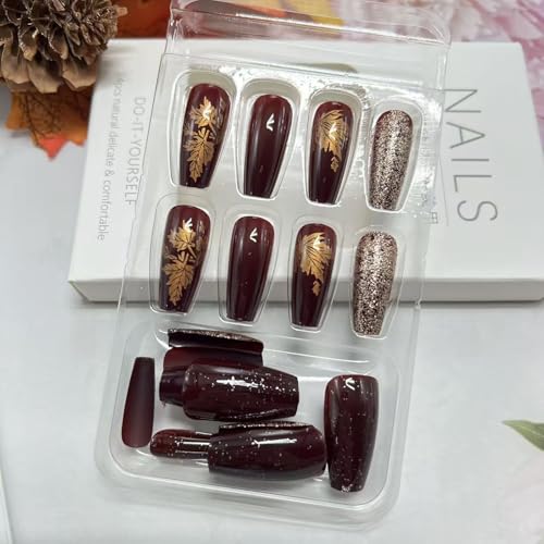 Gold Fall Maple Leaf Press on Nails Medium Coffin 24 Pcs Autumn Thanksgiving