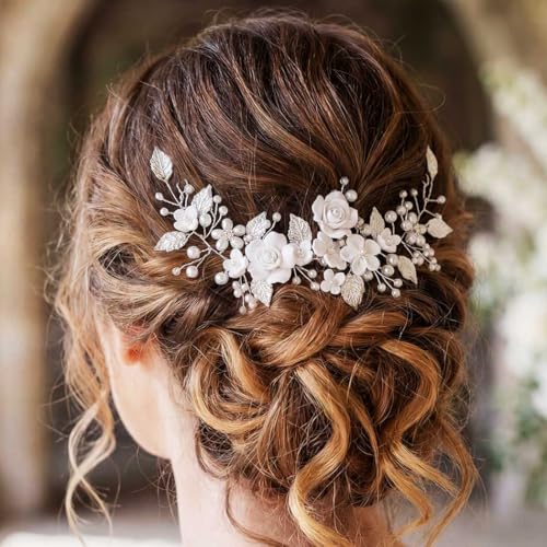 Silver Pearl Flower Bridal Hair Vine for Wedding and Prom