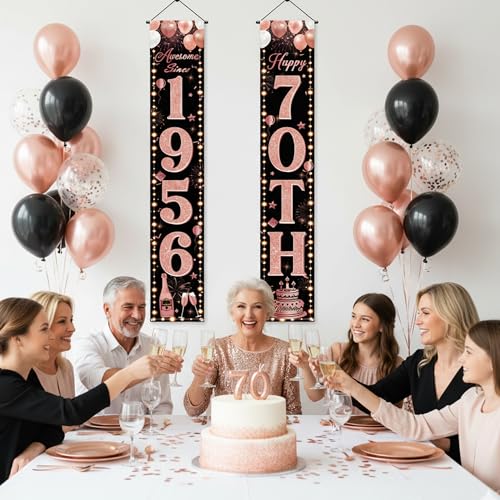 70th Birthday Banner Set - Black Rose Gold Decor for Women