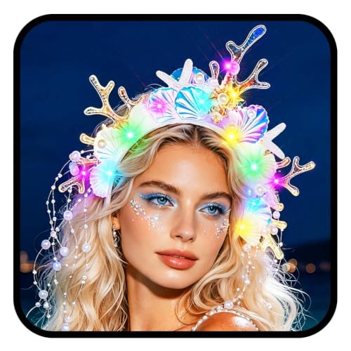 JEAIRTS LED Mermaid Seashell Headband with Starfish & Pearl Tassels