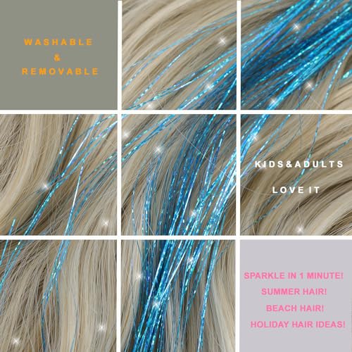 MISSUHUI 12 Pcs Clip-In Hair Tinsel Extensions 23.6 Inch Lake Blue Sparkling Hair Accessories