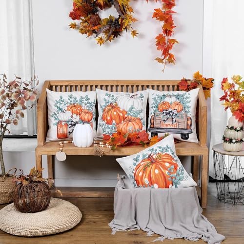 Fall Eucalyptus Pumpkin Truck Pillow Covers Set of 4 - 18x18