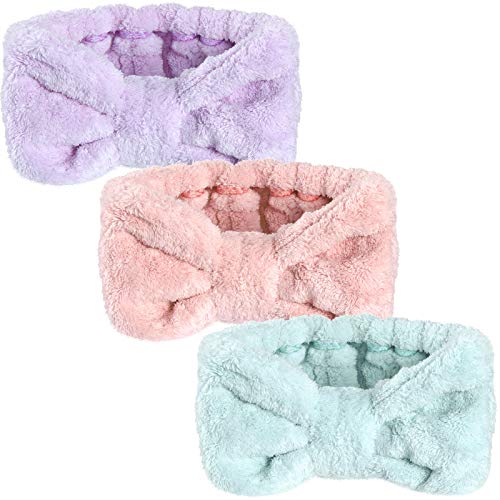 Hicarer 3-Pack Bow Makeup Headbands - Light Orange, Purple, Green, Adjustable, Washable