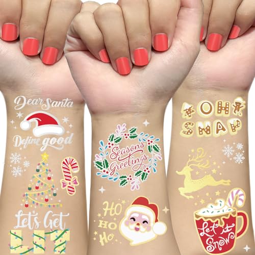 Christmas Temporary Tattoos with Glitter & Metallic Designs - 30 Styles for Kids & Parties
