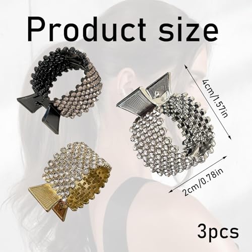 3PCS Alloy Ponytail Clips with Rhinestones - Black, Silver, Gold