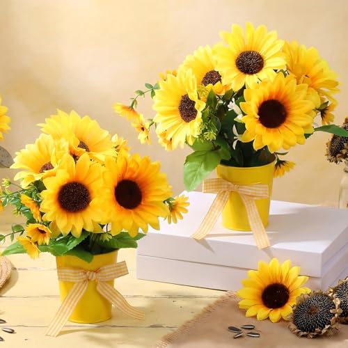 2 Pack Small Artificial Sunflower Potted Plants - Rustic Home Decor