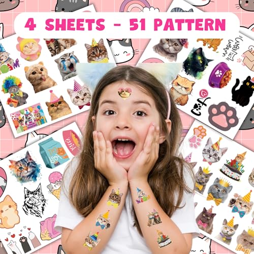 50 PCS Cat Temporary Tattoos for Kids Birthday Parties