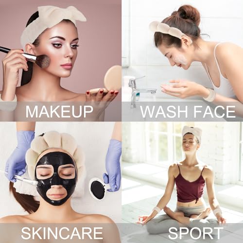 SuPoo 6pcs Khaki Spa Headband & Wristband Set - Soft Microfiber Face & Makeup Headbands