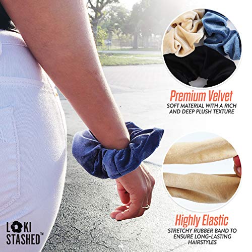 3-Pack Velvet Hair Tie Scrunchies with Hidden Zipper Pocket - Navy, Tan, Black