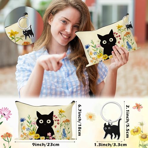Black Cat Canvas Bag Set for Women - 3 Pcs Tote & Makeup Pouch