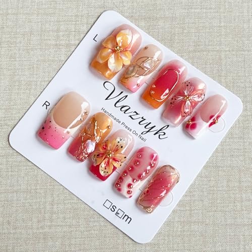 Vlazryk Handmade Press On Nails, Pink Orange Gradient Square False Nails