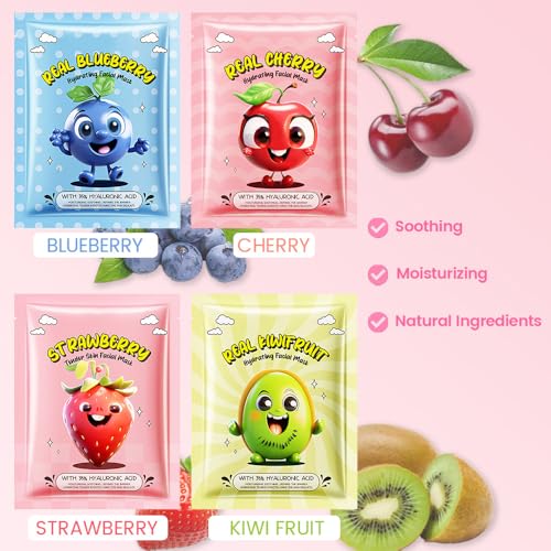 Kaely 12-Pack Fruit Face Masks for Kids & Teens - Variety Set, Spa Day & Party Favors