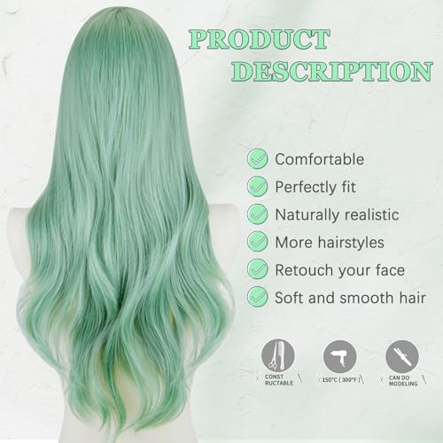 STYLER 29-Inch Long Green Wavy Wig with Bangs - Heat Resistant Synthetic