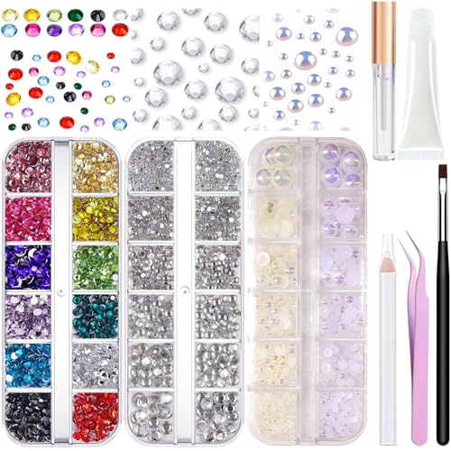 LOIKMIUP Gems with Pearl - Half Round Nail & Face Rhinestones with Makeup Glue, Festival & Party Face Gems