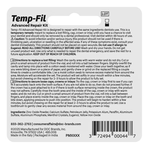 Dentemp Temp-Fil Advanced Repair Kit for Loose Fillings & Crowns - 14+ Long-Lasting Emergency Dental Repairs, 2.64g
