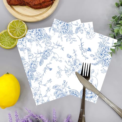 50 Pack Blue Floral Cocktail Napkins for Parties & Events
