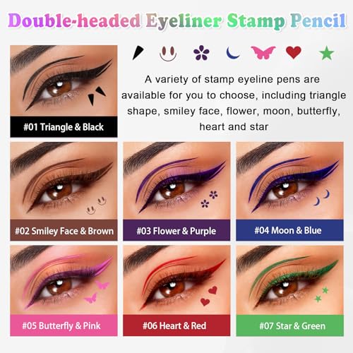 7 Colors Double-Headed Liquid Winged Eyeliner Stamp Pen Set - Waterproof & Smudgeproof, Creative Eye Makeup Tool, Includes 7 Color Variants