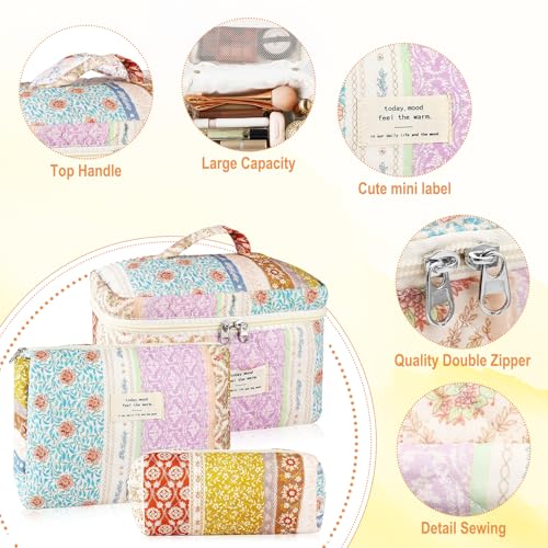 URSKYTOUS 3-Piece Floral Quilted Makeup Bag Set with Travel Organizer - Large & Small Cosmetic Pouches for Women, Portable Toiletry Bags, Cute Aesthetic Design