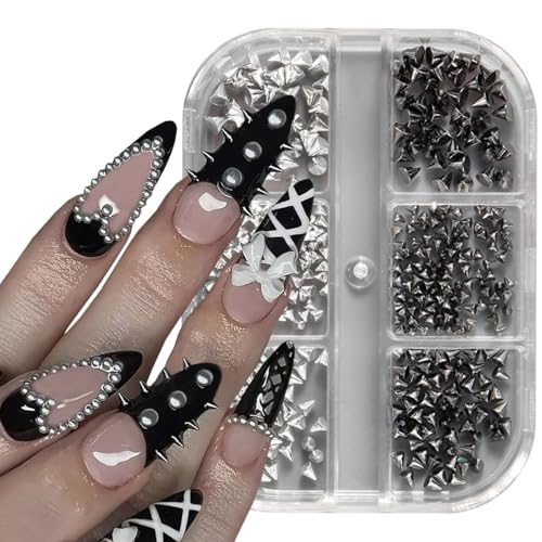 Colorful 12Pcs Gothic Punk Nail Charms Set with Metallic Rivets & Spikes - Silver Black