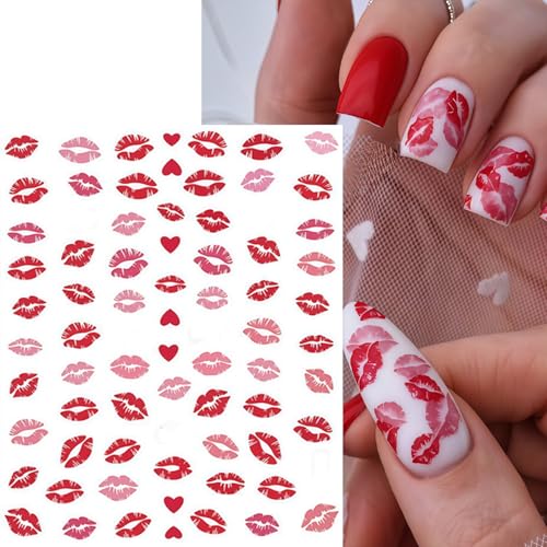 Valentine's Day Lip Nail Stickers - 6 Sheets Self-Adhesive Colorful Lip Decals for Manicure, Pink & Red Lips & Heart Design, Lip Variation
