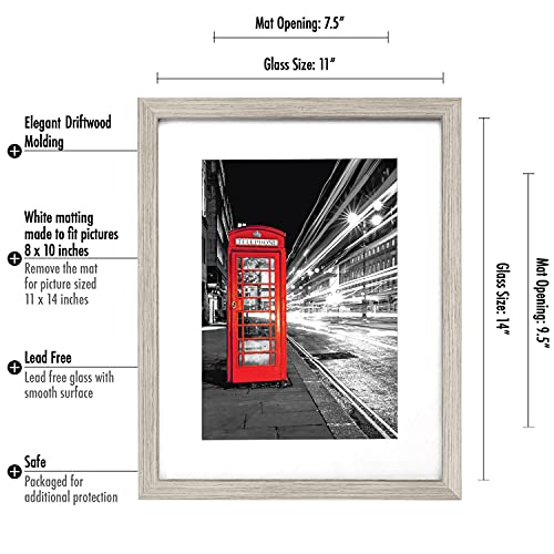 Americanflat 11x14 Driftwood Picture Frame with Shatter-Resistant Glass