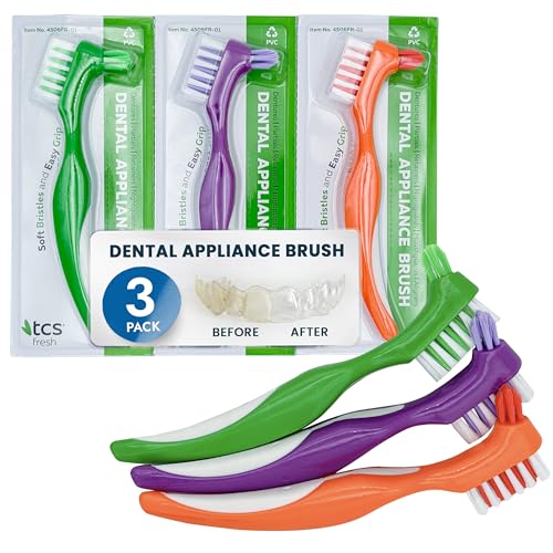 TCS Soft Bristle Denture & Retainer Cleaning Brush Set - 3 Pack, Green, Purple, Orange