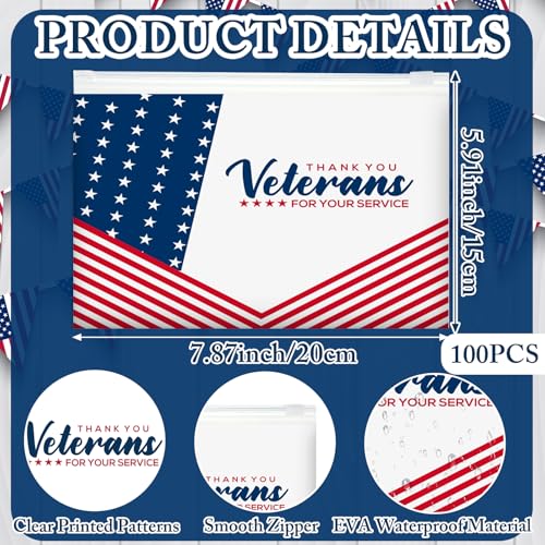 Thank You Veterans Gift Bags 100 Pcs American Flag EVA Makeup Bags Patriotic