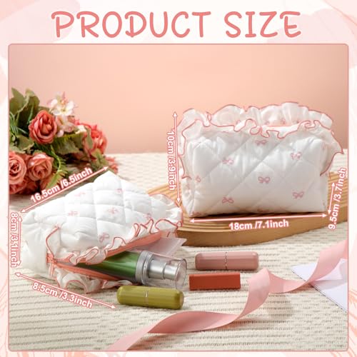 Kacctyen Pink Bow Quilted Makeup Bag Set - Travel Cosmetic Pouch for Women & Girls
