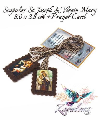 Handmade Catholic Scapular - Brown Wool Icon of Saint Joseph & Our Lady Mt Carmel
