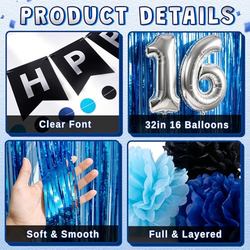 Happy 16th Birthday Decorations Set for Boys - 35 Pcs Blue & Black