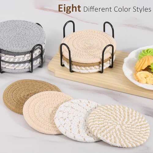 16 Pcs Cotton Woven Drink Coasters Set with Holder - 8 Colors