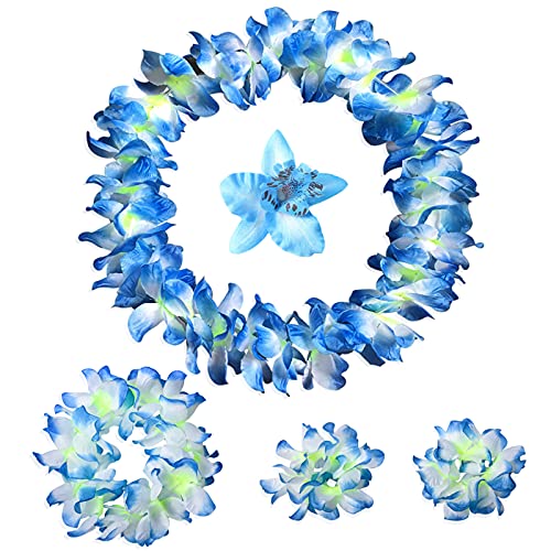 Blue Hawaiian Leis Headband & Flower Necklace Set for Beach Party & Luau