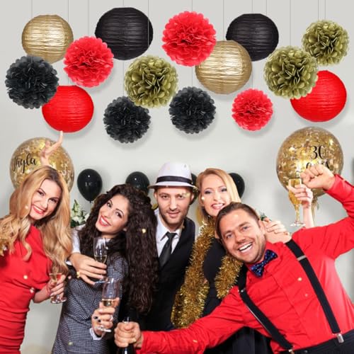 Red and Black Paper Lanterns & Pom Poms - 15 Piece Party Decor Set