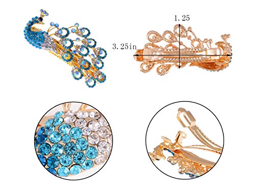 Alilang Peacock Hair Clip with Blue Rhinestones for Bridal Hair