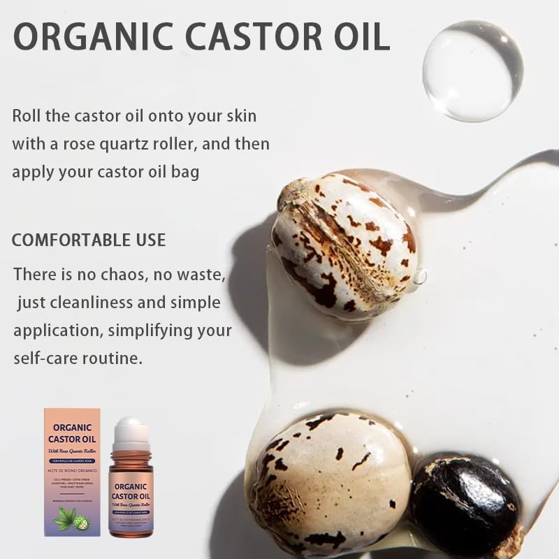 Organic Castor Oil - Cold-Pressed Pure Oil with Rose Quartz Roller for Hair Growth, Eyelashes & Skin | 1.7 fl oz
