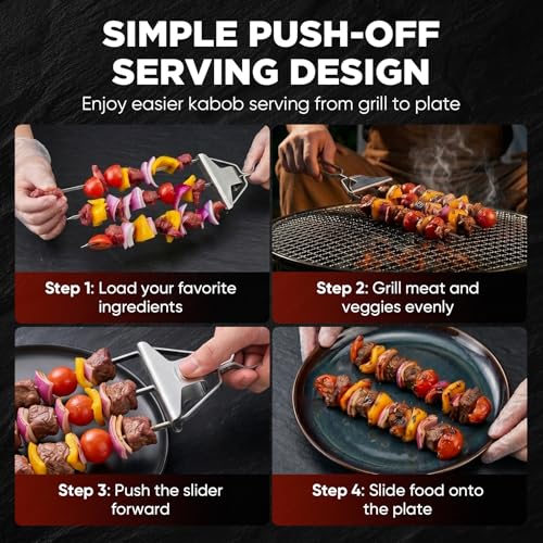 Saker 14.7 Inch Stainless Steel BBQ Skewers - 3 Prong Kabob Sticks with Push-Off Slider