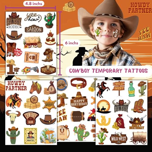 50 PCS Cowboy Temporary Tattoos for Kids Birthday Party Favors