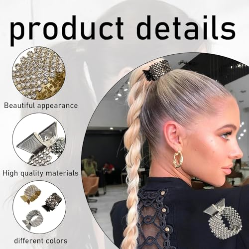 3PCS Alloy Ponytail Clips with Rhinestones - Black, Silver, Gold