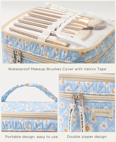 HBselect 2-Piece Quilted Floral Makeup Bag Set, Large Travel Toiletry Pouch