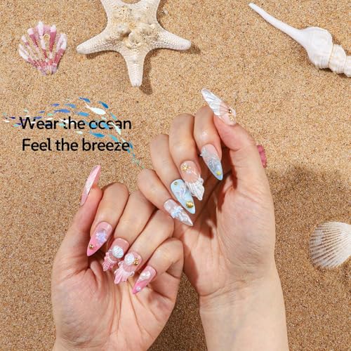 FAMDAMEI Summer Nail Charms Kit – Ocean 24 Grids with Mermaid, Starfish, Seashell Gems, 3D Rhinestones, Gold Pearls (Gold/White AB/Blue) – Nail Art Accessories