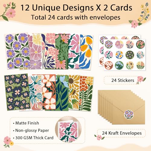 Ogeby 24 Pack Floral Greeting Cards with Envelopes & Stickers