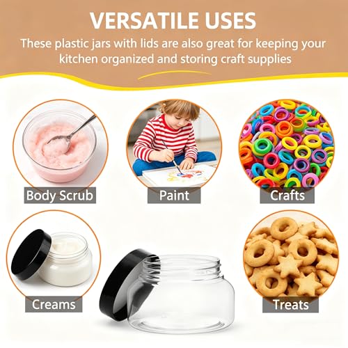 16 Pack 8 oz Plastic Jars with Black Lids, BPA Free Refillable Containers