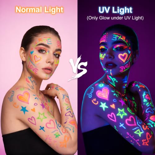16 Colors Glow in The Dark Face Paint Markers - Black UV Neon Body Paint Pens