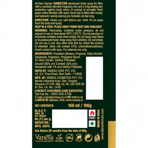 Denver Hamilton Deodorant Body Spray for Men - 2 Pack, 5.0 Fl Oz Each, Long-Lasting Scent & Odor Protection